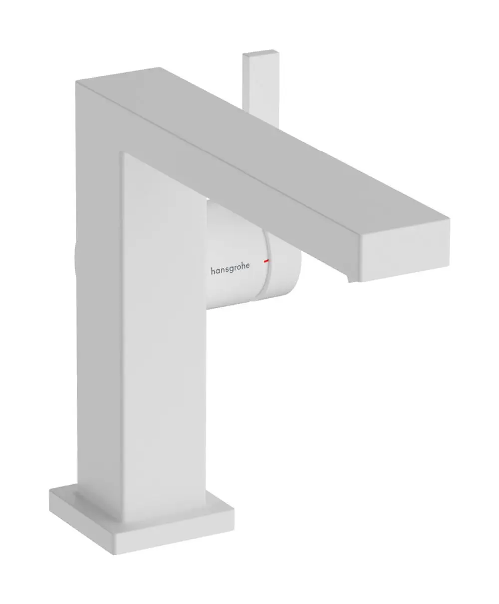 Ein weißer Einhebel-Waschtischmischer von Hansgrohe mit rechteckigem Design und seitlichem Hebel. Enthält eine Push-Open Ablaufgarnitur.